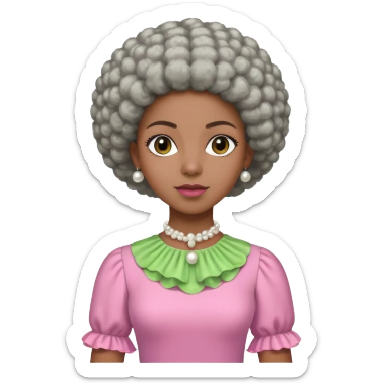 Brown woman with very short stylish gray Afro  wearing pink and green dress  and pearl blouse with sleeves sticker