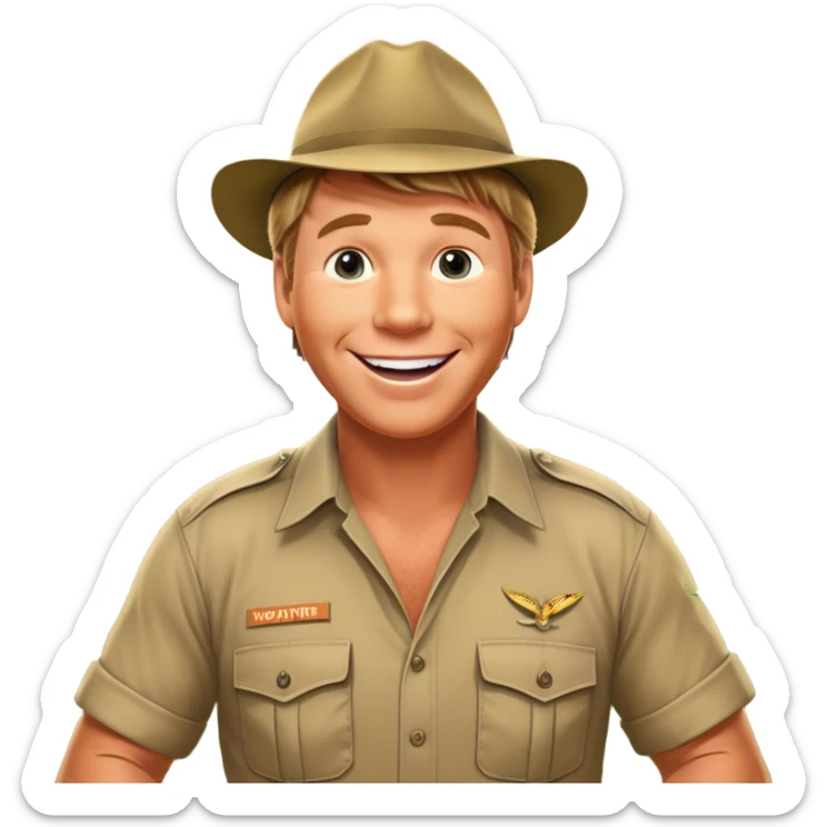Cinematic Realistic Steve Irwin Portrait Emoji, depicted as a passionate wildlife expert in his signature khaki attire with an enthusiastic smile and a backdrop of the Australian outback, rendered with vibrant textures and dynamic natural lighting that captures his adventurous spirit. sticker
