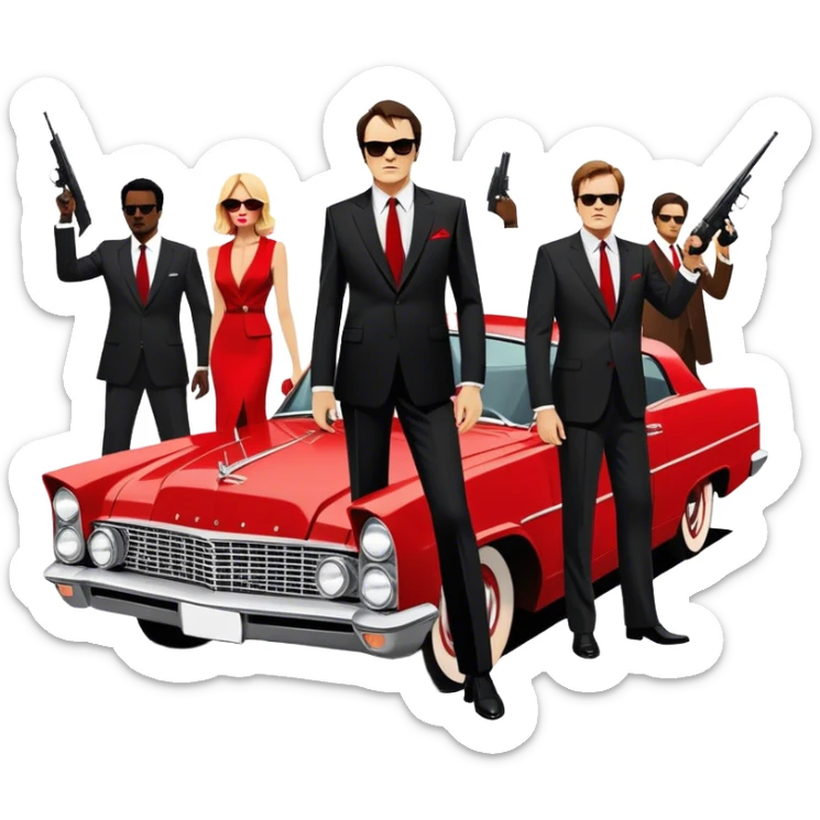 Icon for Movie: A stylish, cinematic poster design inspired by Quentin Tarantino's film. Feature silhouettes of characters in suits with sunglasses, dramatic lighting, a bullet-riddled car, and the color red symbolizing chaos. Bold, vintage style with sharp contrasts. Transparent background. sticker