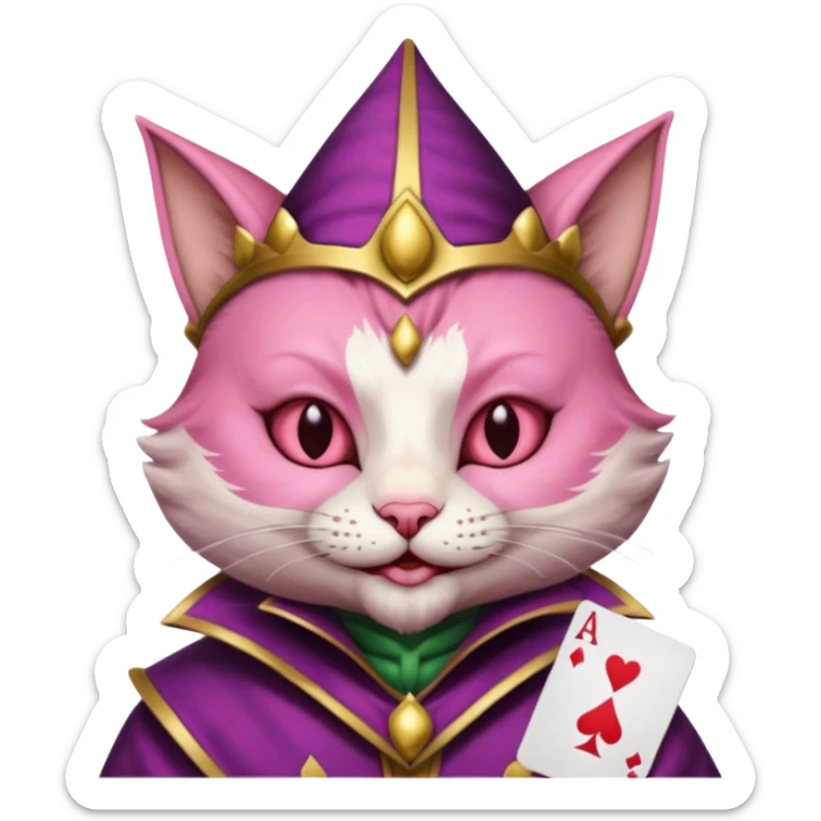court jester cat medieval, single poker card joker clearly visible, pink, face only sticker