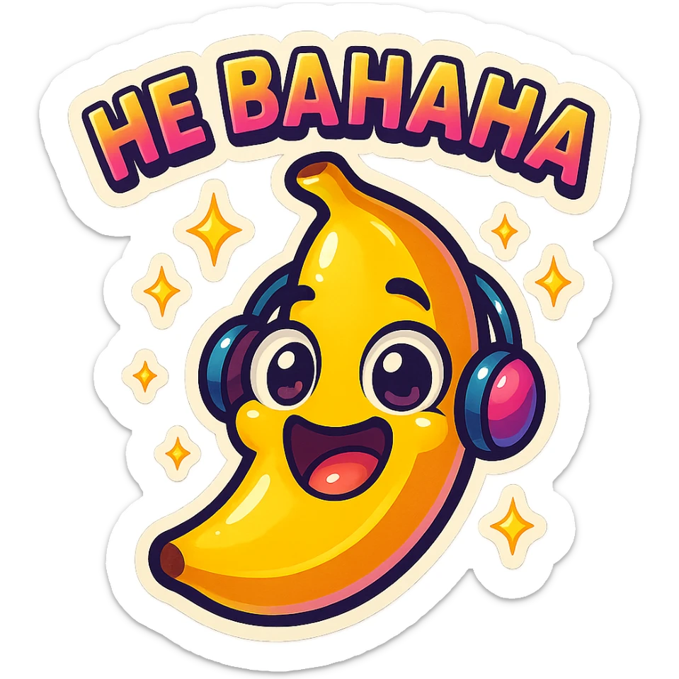 Funny cartoon banana, big happy smiling face, wearing tiny headphones, wide excited eyes, tiny sparkles around, text above: "НЕ БАНАНА ", chibi style, Twitch emoji style, colorful, transparent background sticker