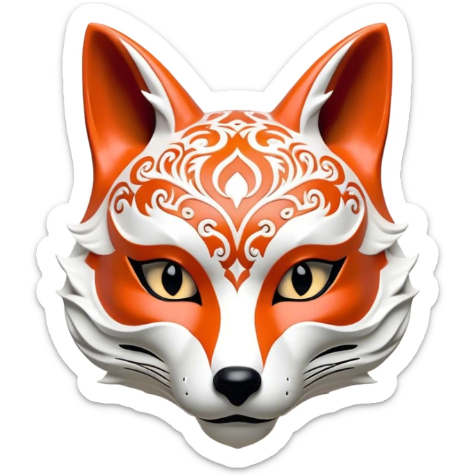 ​Cinematic Realistic Japanese Kitsune Mask, depicted as an intricately carved fox mask with flowing, delicate features and vivid traditional patterns, its mysterious eyes set against a softly blurred background that emphasizes its mystical allure and cultural significance, rendered with detailed textures and refined lighting, sticker