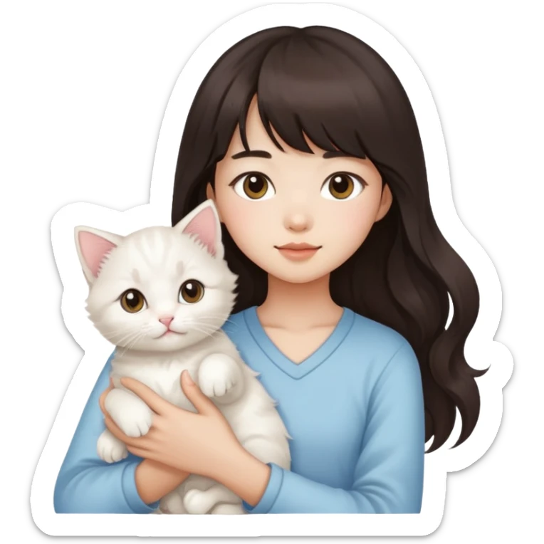 Asain girl with long wavy dark brown hair and bangs carrying a white kitten  sticker