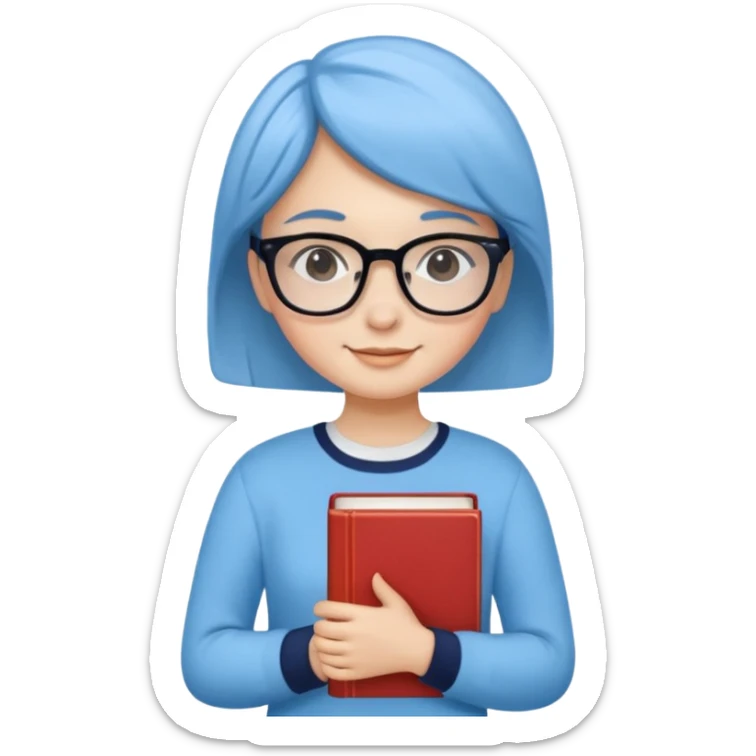 A smart and cute girl with short hair, wearing sky blue clothes,
I hold a book in one arm. There is a pen in the book.
He is wearing black-rimmed glasses and smiling brightly. sticker