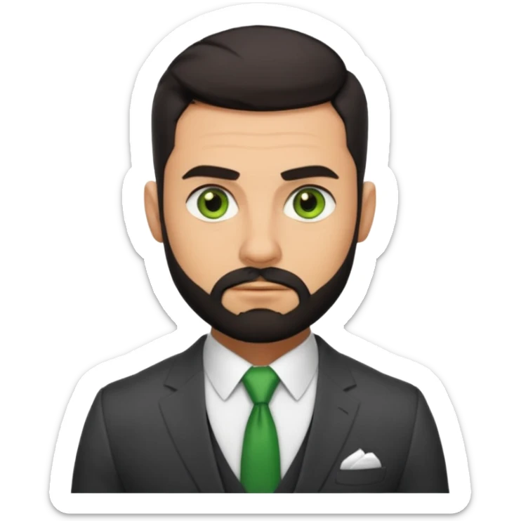 green eyes, dark short hair, muscular shoulders, big lips big nose big eyes, masculine good looking, dark beard wearing a suit buttons of the shirt open and olive skin tone  sticker