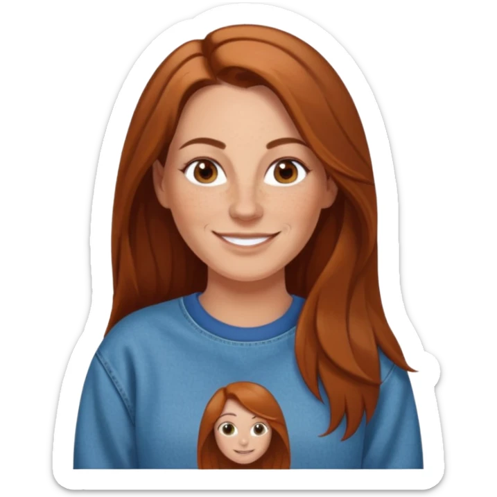 A 38 year old white woman with long brown hair parted in the middle. She has a nose ring. She has freckles and is wearing a sweatshirt and jeans smiling sticker