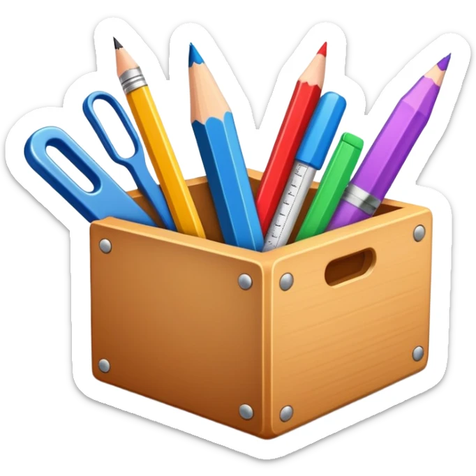 small box of teaching supplies with a pencil, ruler, and markers sticking out sticker
