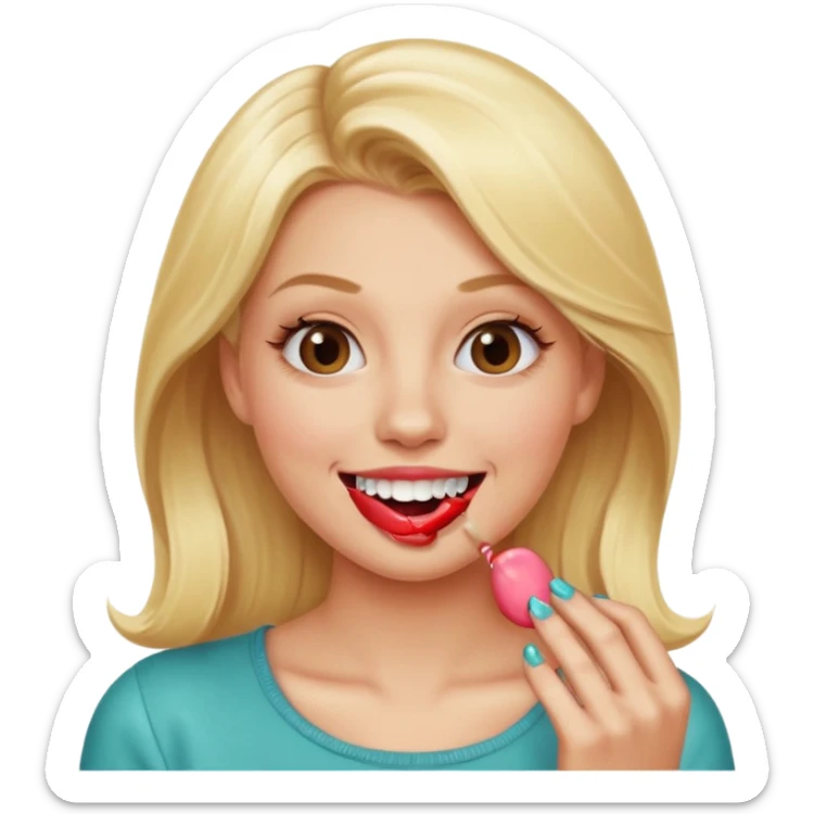 Elle fais une peu petasse, elle se mord le coin la lèvres. Elle est blonde. Ongles vernis marrons. Elle mâche un chewing-gum  sticker