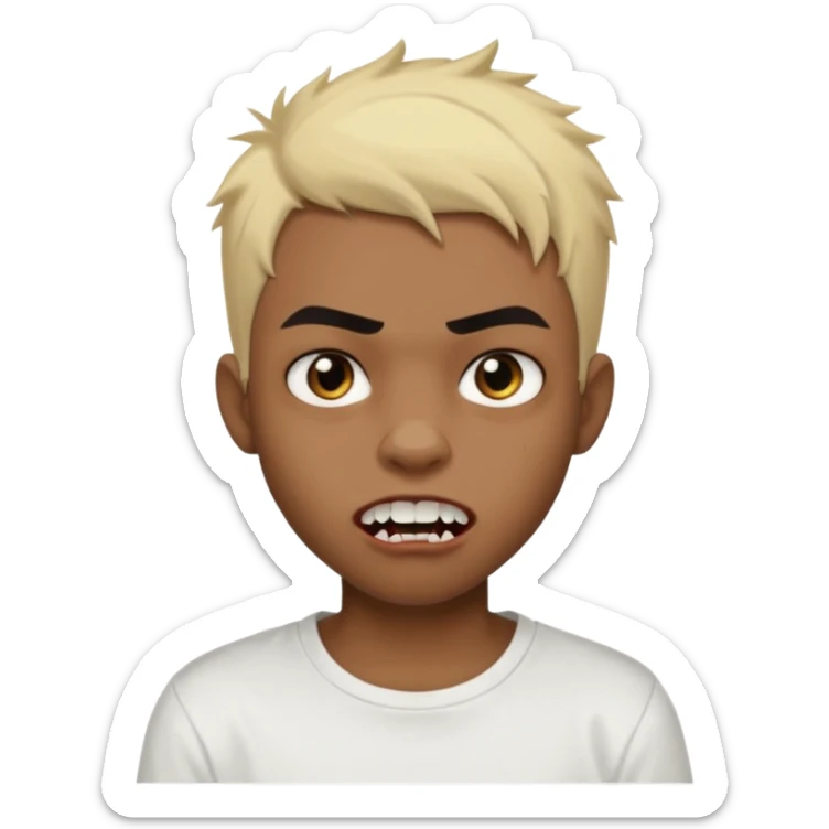 Black Male Teenager with Short punk messy blonde hair, Dark brown bushy eyebrows large expressive golden-brown eyes, wearing a plain white t-shirt, Dark Brown skin color. vampire tooth sticker