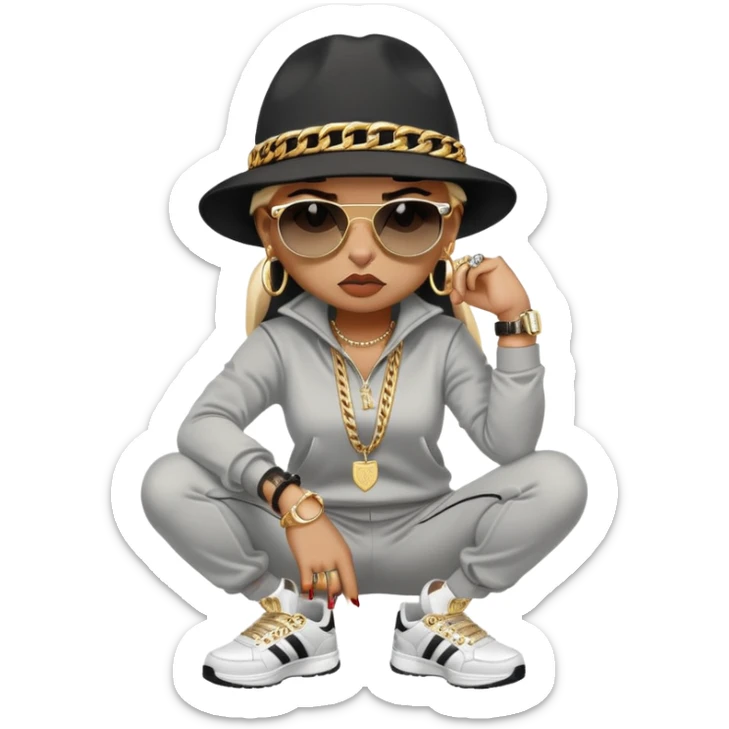 female cat wearing Run DMC hip-hop outfit with tracksuit, fedora, Adidas sneakers, dark sunglasses, many gold chains, rings, bracelets, flashy earrings, fallen down with worried expression sticker