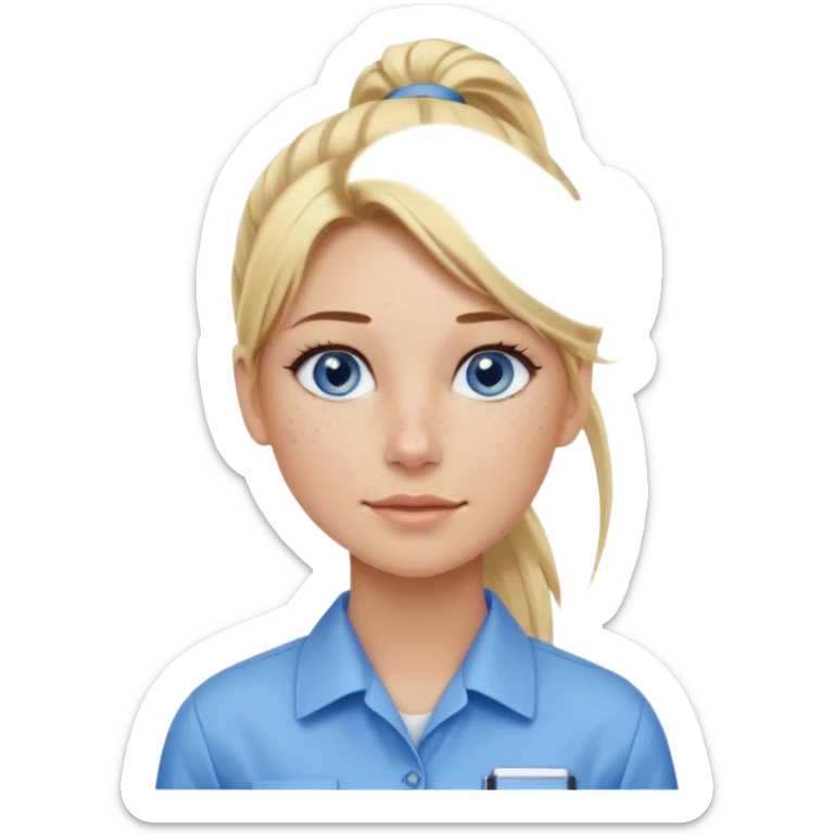 Just a head, blonde hair with lowlights in a ponytail, blue eyes, some freckles, a little older female ready to get some tasks done at work sticker