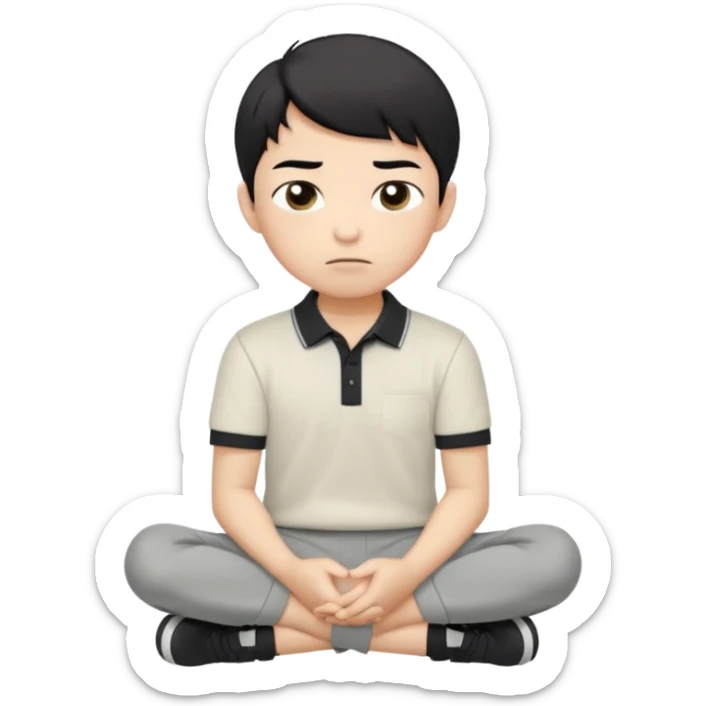 A cartoon young Asian boy with short black hair, light beige skin, and large expressive eyes, wearing a white polo shirt, gray pants, and black shoes. He sits cross-legged on the ground, one fist resting on his cheek, with a closed-mouth smirk. Clean lines, flat colors, solid black background. sticker