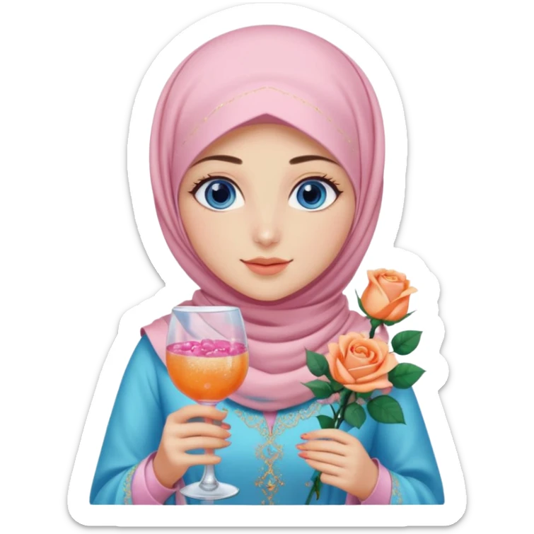 Turkish beautiful finish Konya girl blue eyes with light pink hijab islamic dress and had on her hand Glittery rose mocktail with orange light pink roses sticker