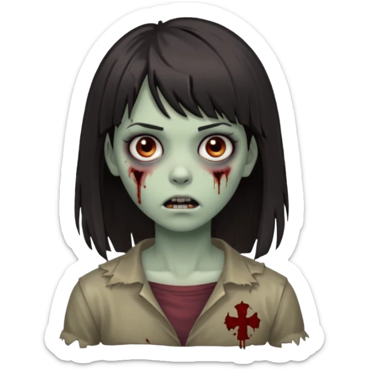  iPhone emoji is a zombie girl with dark hair long below her shoulders bangs and a ragged haircut gray eyes sticker