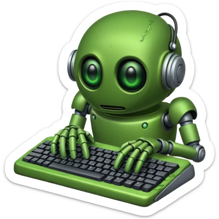 An emoji of a green robot melting away covered in thick green sludge sad and depressed, crawling out of a keyboard.  sticker