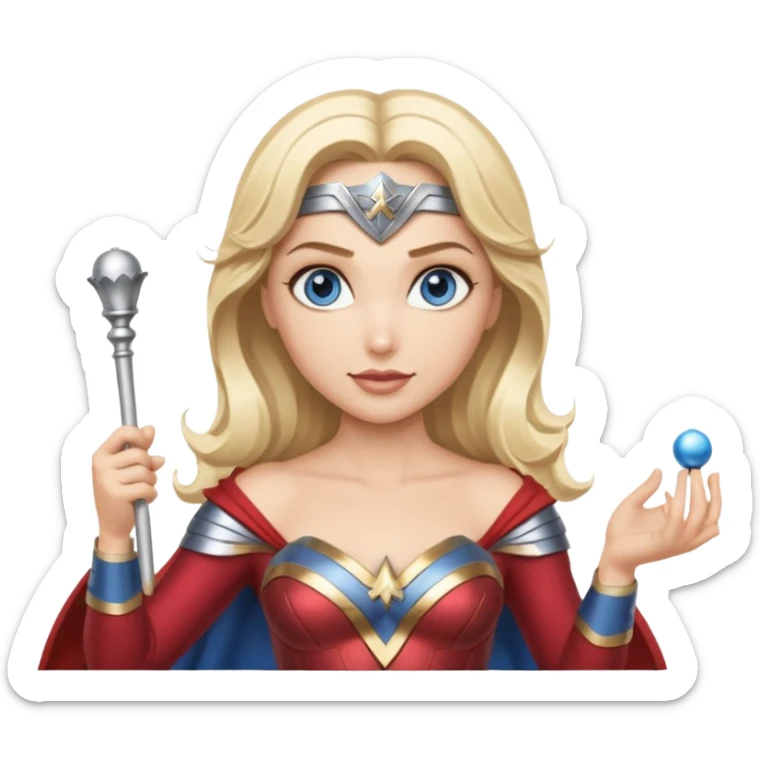 Blonde blue eyed Wonder Woman holding white orchestra conductor’s baton and bell sticker