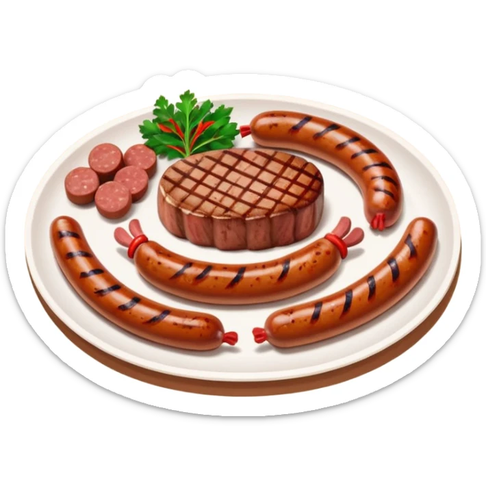 Meat dishes avatar in clean emoji-style illustration. Steak, roasted meat, and sausages, rich brown and red tones, simple shapes, flat design, hearty and appetizing. sticker