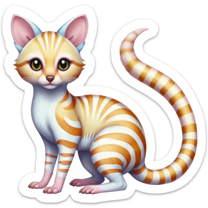 Iridescent white albino colorful fruity blingy crystalline Genet-Numbat-Ocelot-Sphynx-Tanuki-Ocicat-hybrid-fusion, full body sticker
