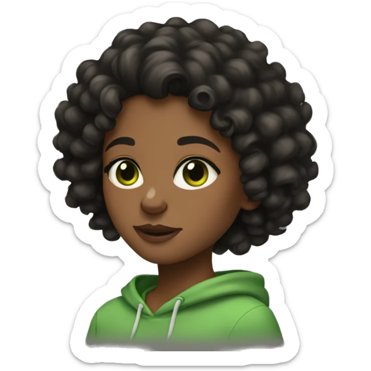 A brown skin girl, curly black hair, black hoodie, green eyes sticker