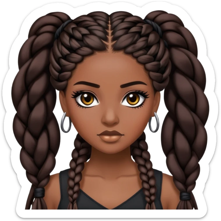 brunette, baddie, dark skin,pretty makeup, black eyeliner, long braids hair sticker