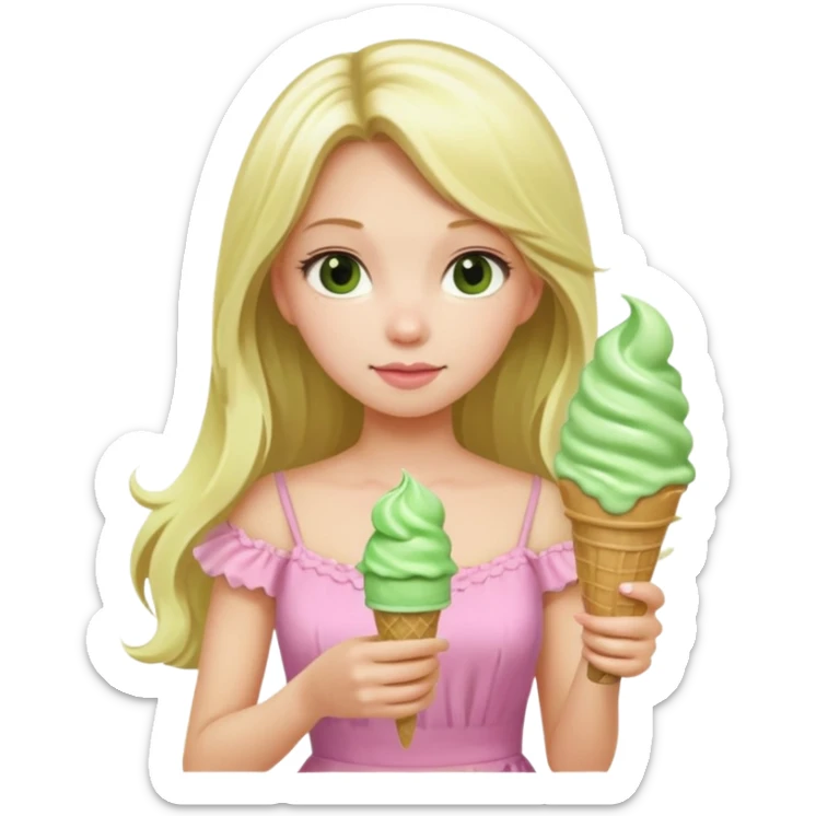 girl blonde long hair in pink dress,  holding matcha ice cream sticker