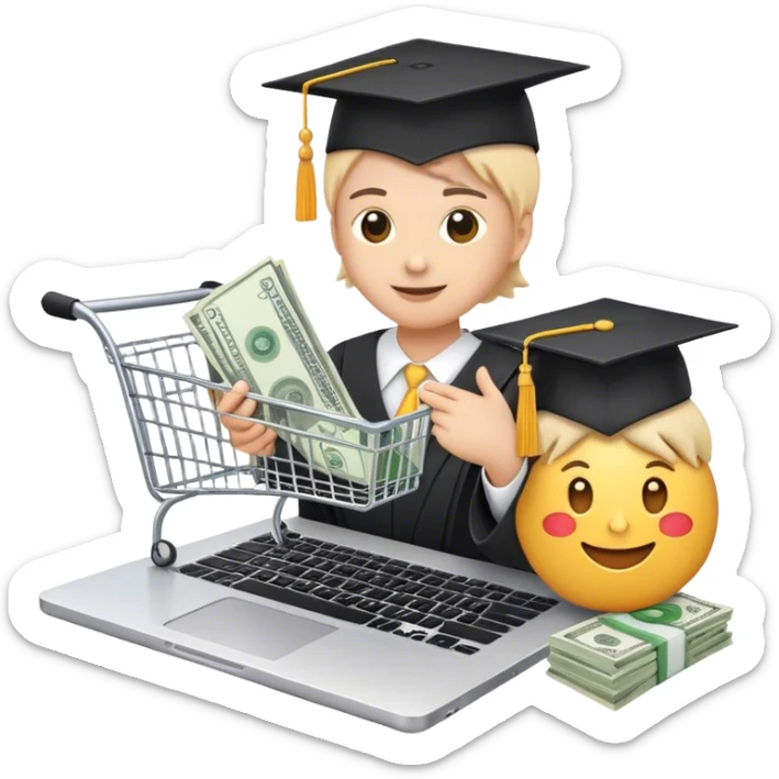 
*"Emoji-style illustration of making money online: a laptop, dollar bills, a smartphone, and social media icons like YouTube and TikTok."*training: a laptop with a shopping cart icon, a graduation cap, and a person teaching online with charts and money symbols."* sticker