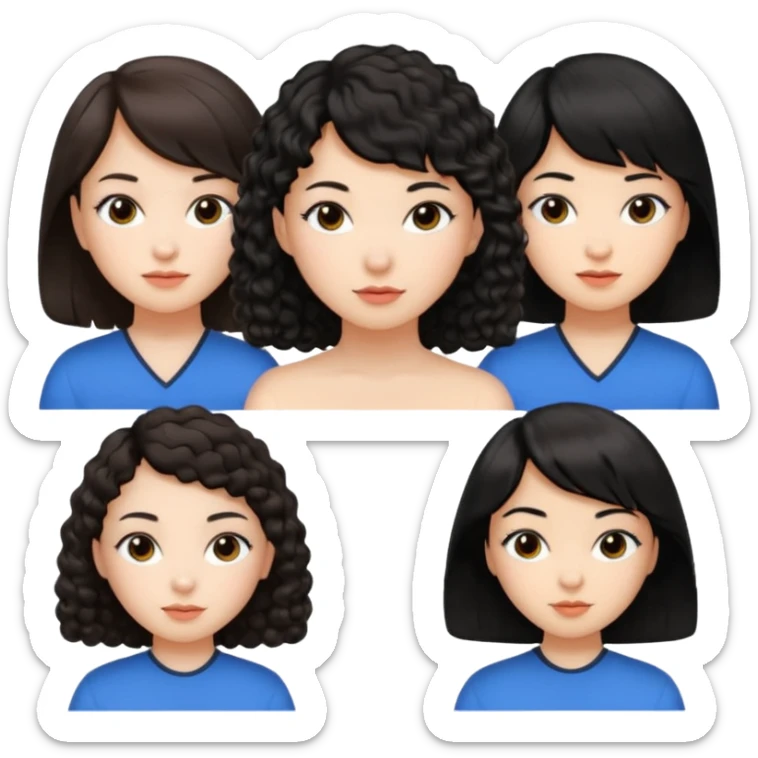 brunette short curly hair white girl, black long hair asian girl side part, black medium length hair with sideswept pangs sticker