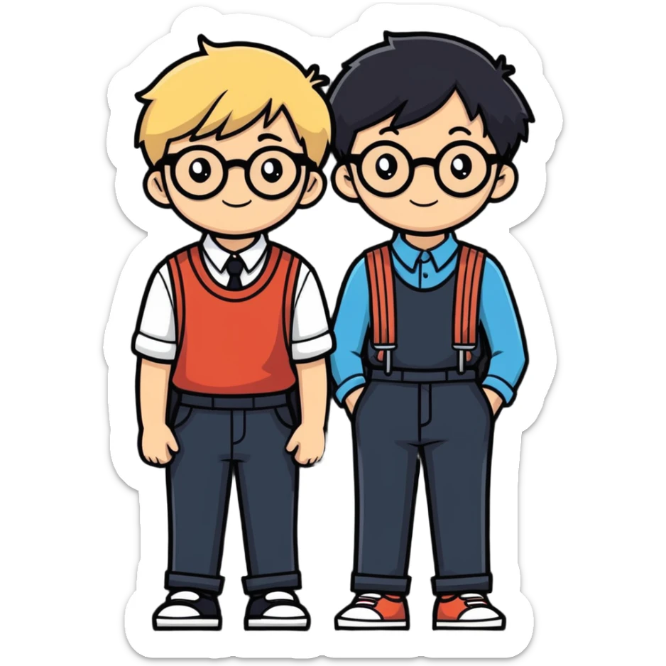 me a boy with braces and with blonde hair and black round glasses and my boyfriend with black hair hes higher than me sticker