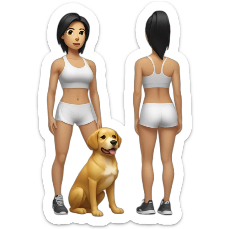 crossfit woman with black hair, white and doing lowering And a golden dog at her side sticker