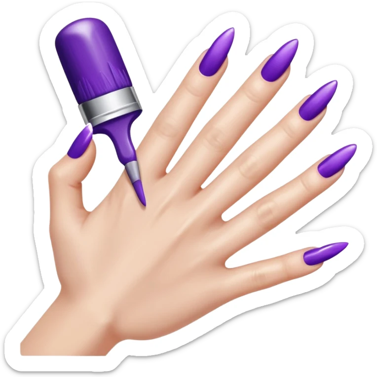 A close-up illustration of a hand with long, glossy purple-painted nails. A nail polish brush is shown applying purple polish to one of the nails, with smooth, clean strokes. The style is bright, polished, and emoji-like, emphasizing nail care, beauty, and manicure aesthetics. sticker