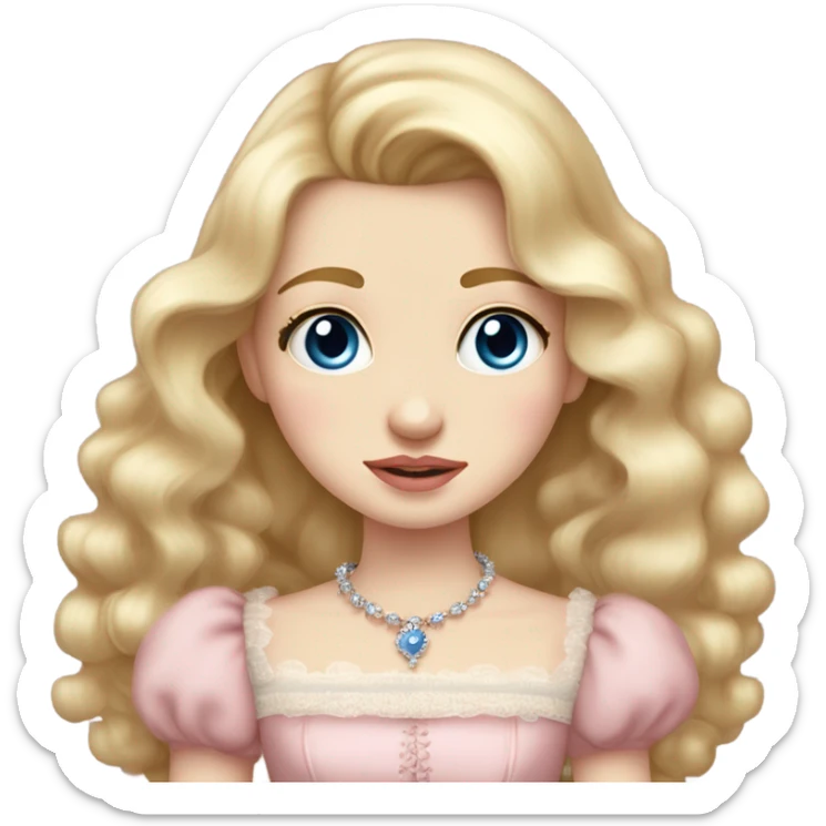 Girl is crying. with blonde hair pale skin blue eyes. Pink lips blush (but not too much). Vintage blowout with long hair not too curly.  light pink princess dress, puffed sleeves, dainty choker necklace (think Versailles but not too much).  sticker
