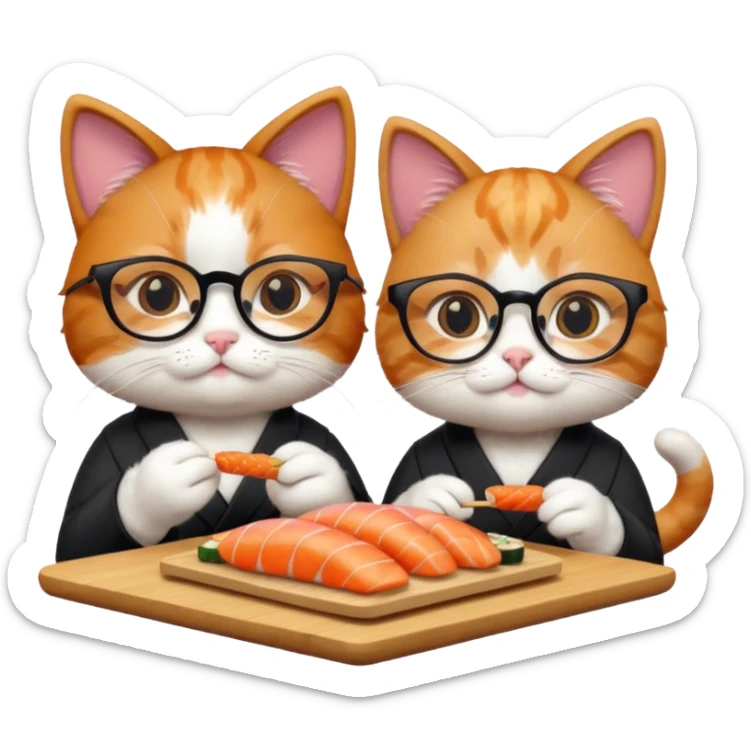 cute girl cat wearing glasses and a cute boy cat eating sushi together sticker