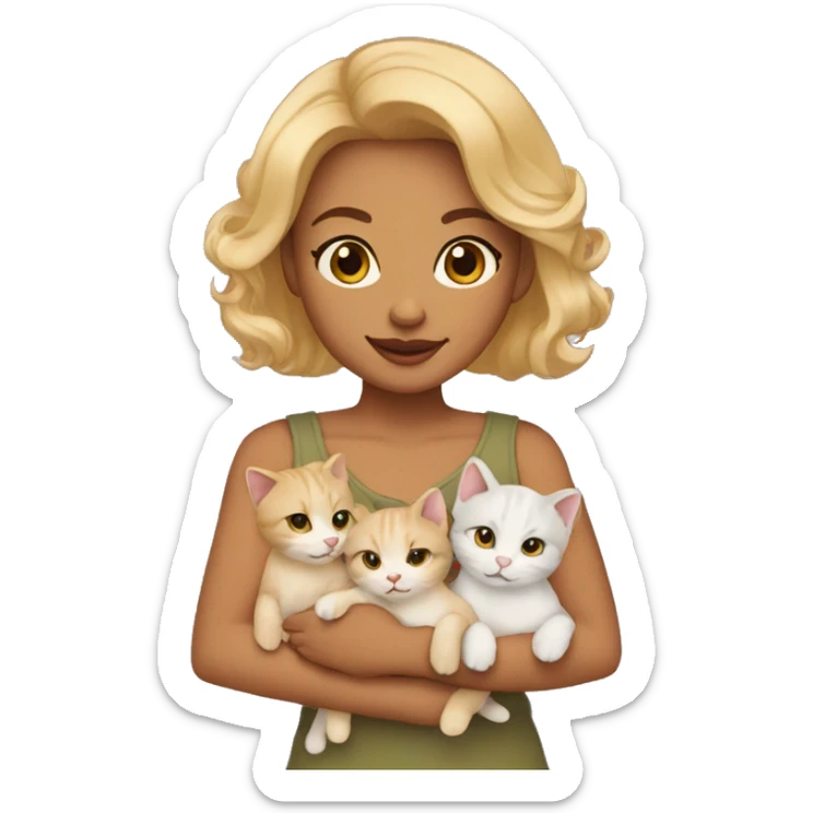 Blonde woman with shoulder-length hair, brown eyes and light olive skin tone holding five kittens sticker