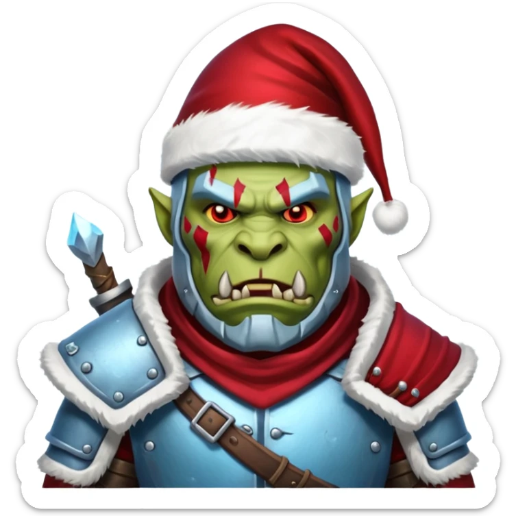
Fantasy Christmas orc legion soldier icon, iron tundra army theme, heavy winter armor, disciplined brutal look, icy blue steel armor with deep crimson accents, frozen metal texture, cold winter atmosphere, male variant sticker