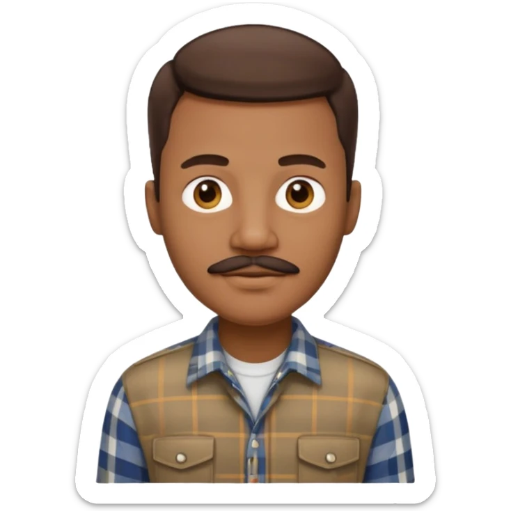 Black man with short brown hair, mustache, wearing a plaid shirt, sophisticated style, software engineer sticker