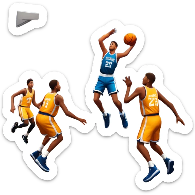 An icon featuring a basketball court with players in action, inspired by NBA 2K25. A player jumps for a dunk, with the ball mid-air. Bright lights illuminate the court, symbolizing the excitement of sports simulation games. Transparent background emphasizes the energy. sticker
