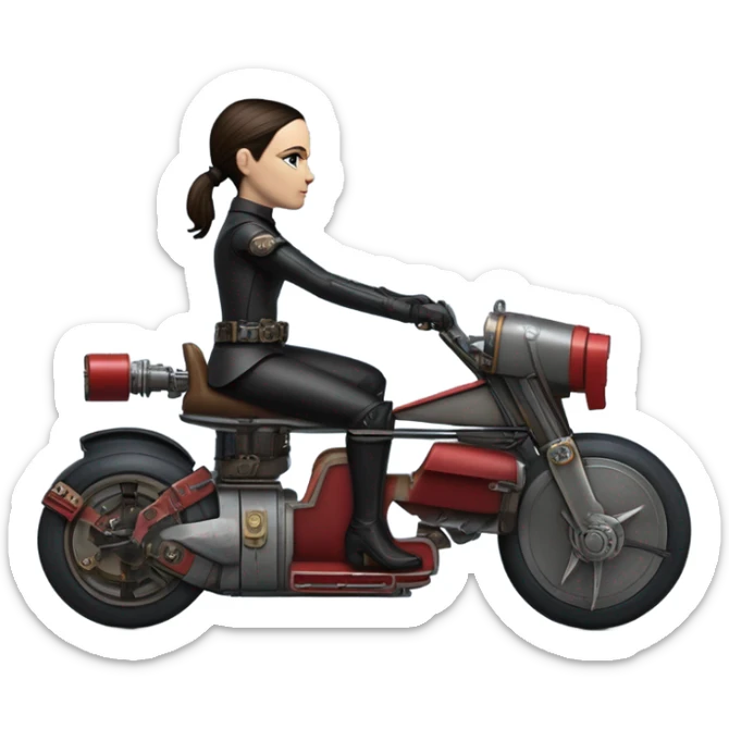 Jedi bounty hunter Wednesday Addams racing in a modern blue,red and pewter steampunk electric luxury flying speeder bike  sticker