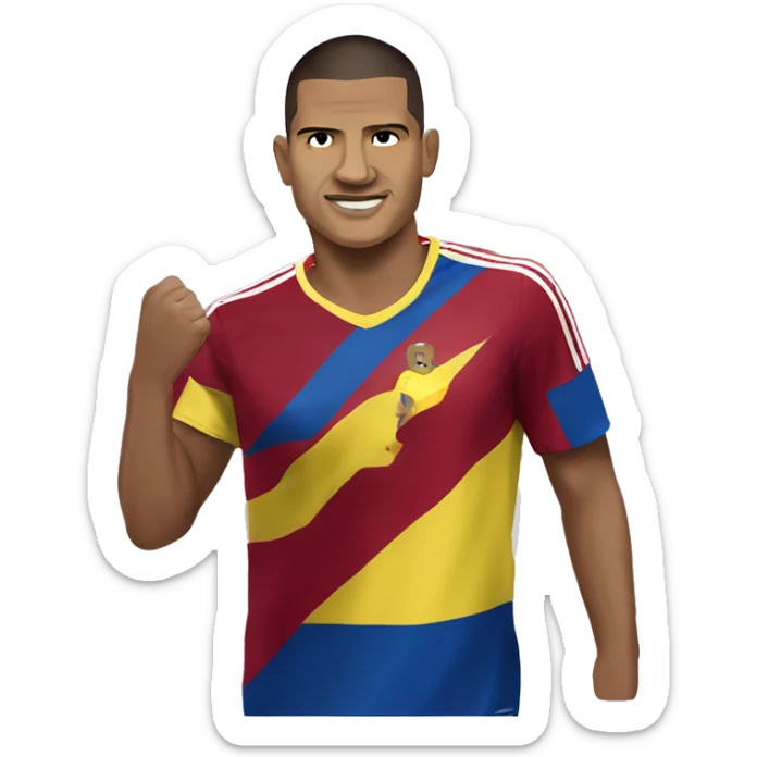 salomon rondon wearing Venezuela adidas t-shirt and holding FIFA world cup sticker