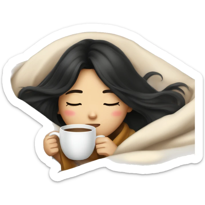 Asian girl inside a blanket sipping coffee eyes closed black hair sticker