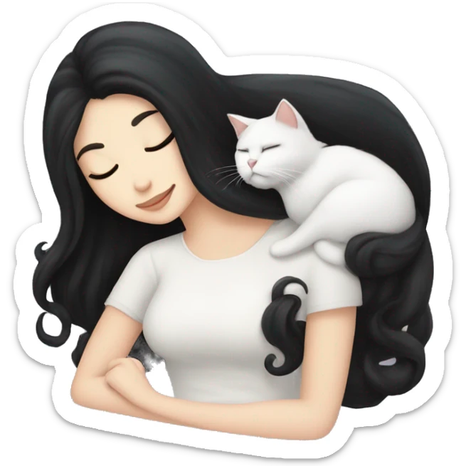 A pretty white girl with very long black hair and sleeping curled up to a white cat  sticker