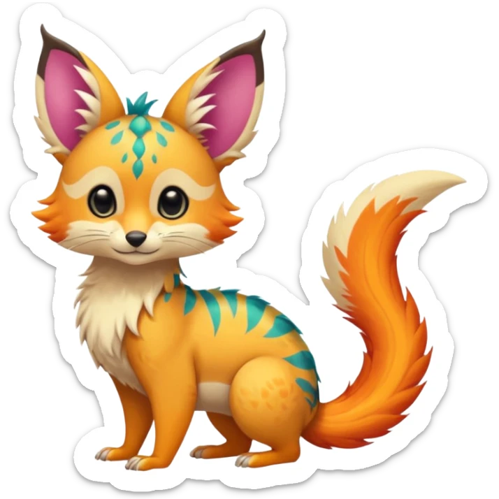 Feral Rare Fantasy vibrant colorful tropical cute, kawaii, cool, ed Vernid-Trico-species by LiLaiRa, random markings, tufted tail, tufted ears, full body, cheek markings sticker