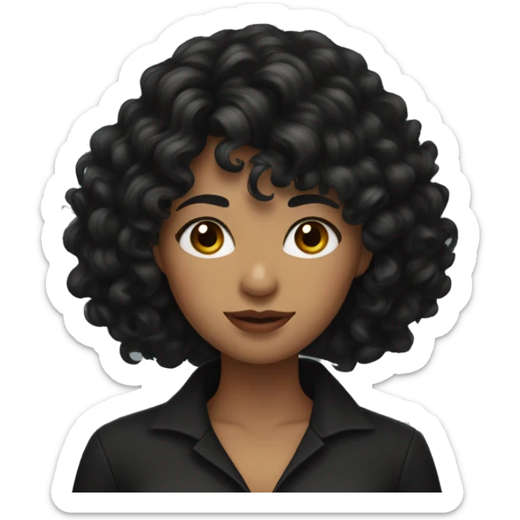 woman with long black curly hair and bangs and dark brown eyes wearing black blouse sticker