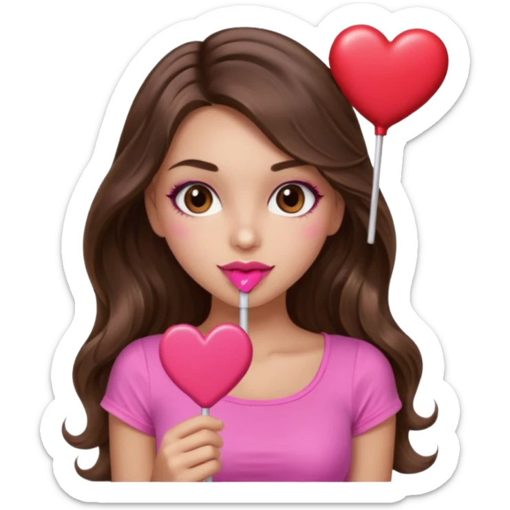 girl with long wavy brown hair, brown eyes, long lashes makeup, sexy pink lips, light to medium complexion, wearing a pink sexy top,, heart lillipop sticker