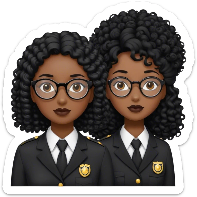 femme pilote d'avion en uniforme noir aux cheveux bouclés noir et petites lunettes arrondis identique avec des cheveux très long et la peau noir mais légèrement plus claire  sticker