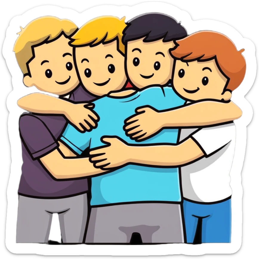 Caucasian friends in a group hug, showing friendship and togetherness sticker