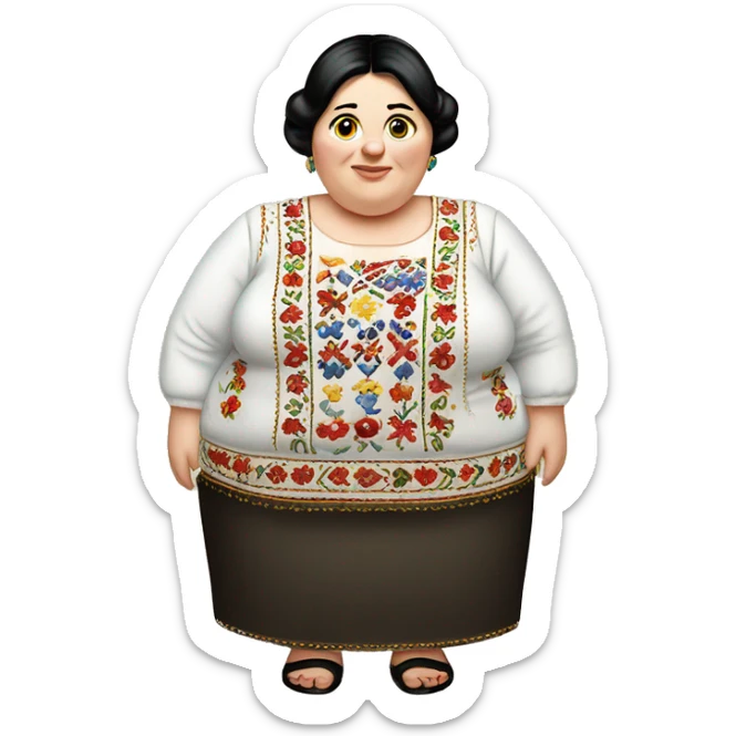 European dark-haired obese woman in Ukrainian embroidery sticker