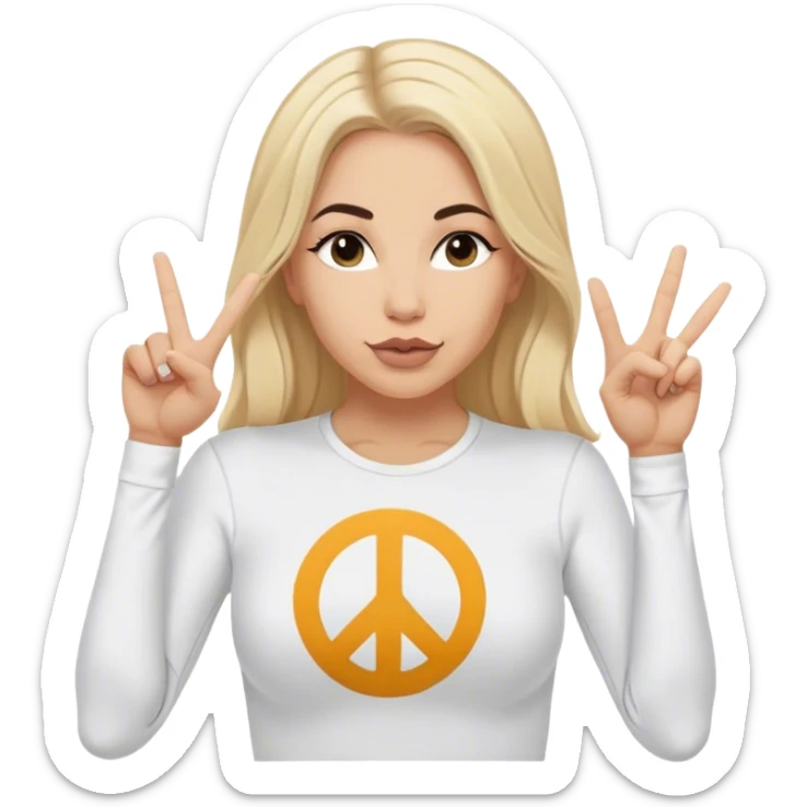 White woman wearing lululemon long sleeve T shirt with blonde hair and middle part doing duck lips and sticking up peace sign with one hand  sticker