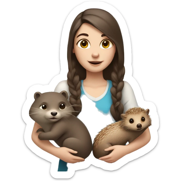 a girl with blue eyes and fair skin with an otter and a hedgehog in her hands sticker