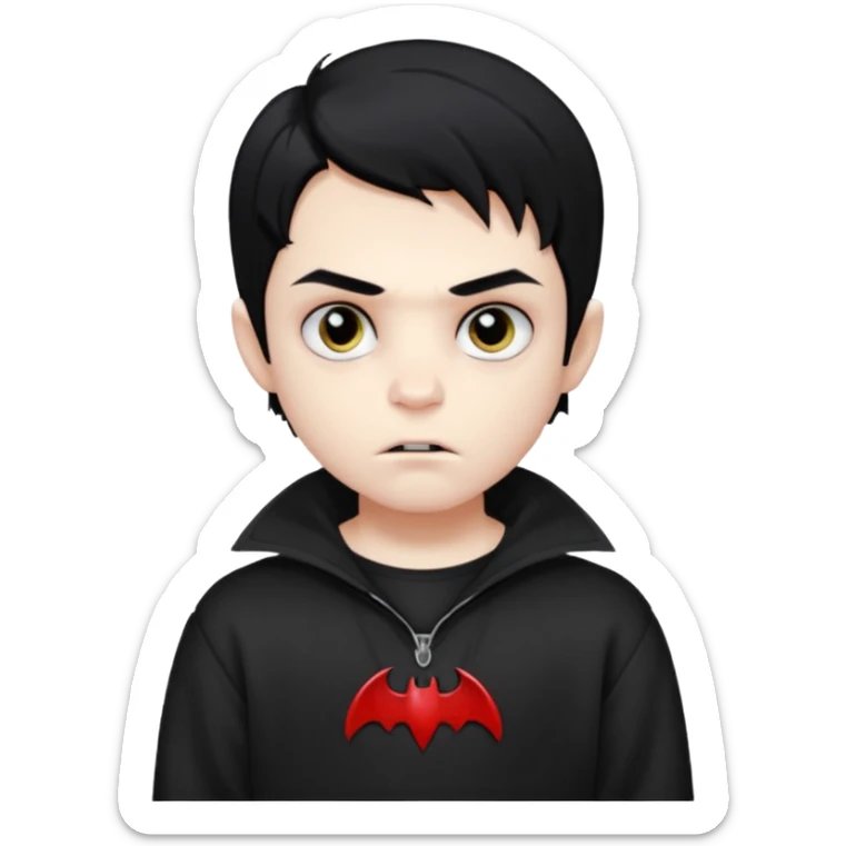 Vampire boy with the black hair, pale-white skin, black eyes, little fangs and dark circles under his eyes. He has serious face and he wear a black oversize sweatshot sticker