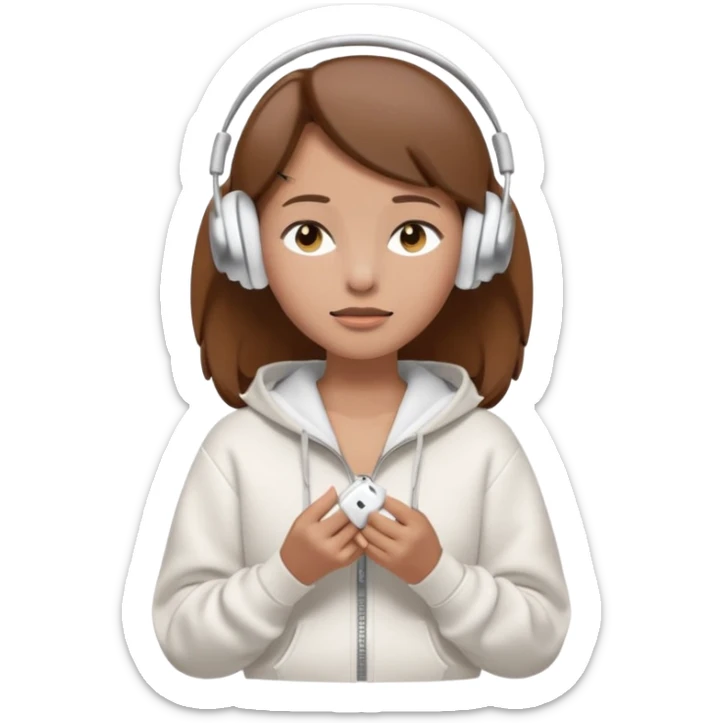 A clean, minimal emoji-style illustration of a light-skinned girl with brown hair worn loose. Her eyes are closed while listening to music with silver AirPods Max. She’s wearing a white zip-up hoodie. Smooth 3D emoji style, soft lighting, neutral tones. sticker